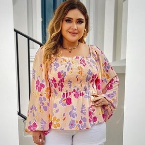 Bohemian Floral Smocked Floral Peplum Top Pink Purple Plus Size 1X